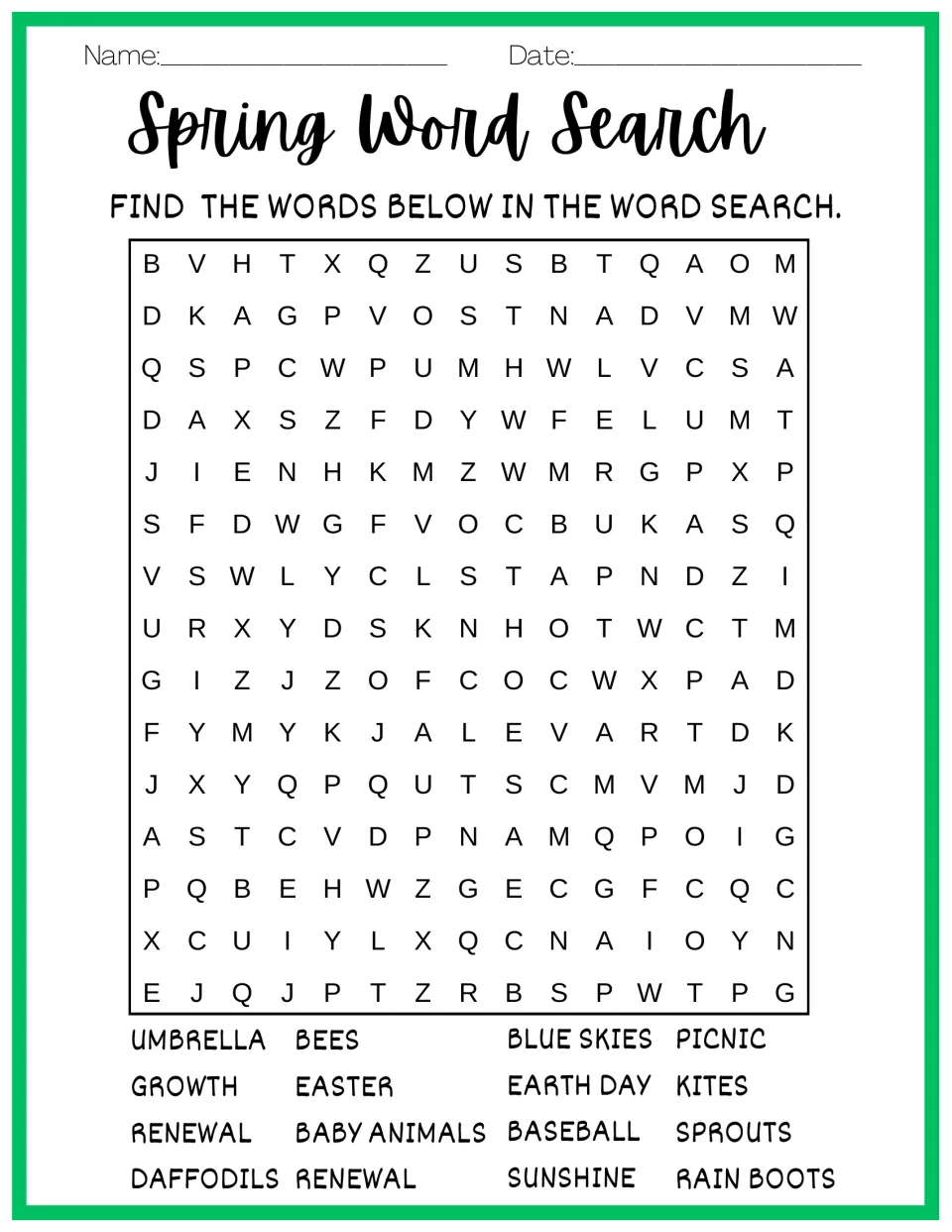 Spring Word Search: students look for umbrella, bees, Easter, Earth Day, kites, daffodils and rain boots in the grid