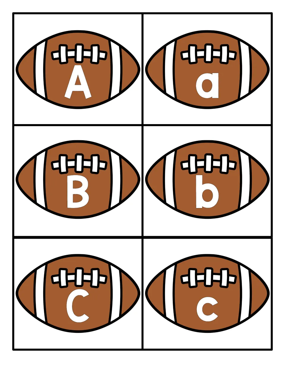 Uppercase and lowercase letters A, B and C on football cards for matching letter pairs and letter recognition practice