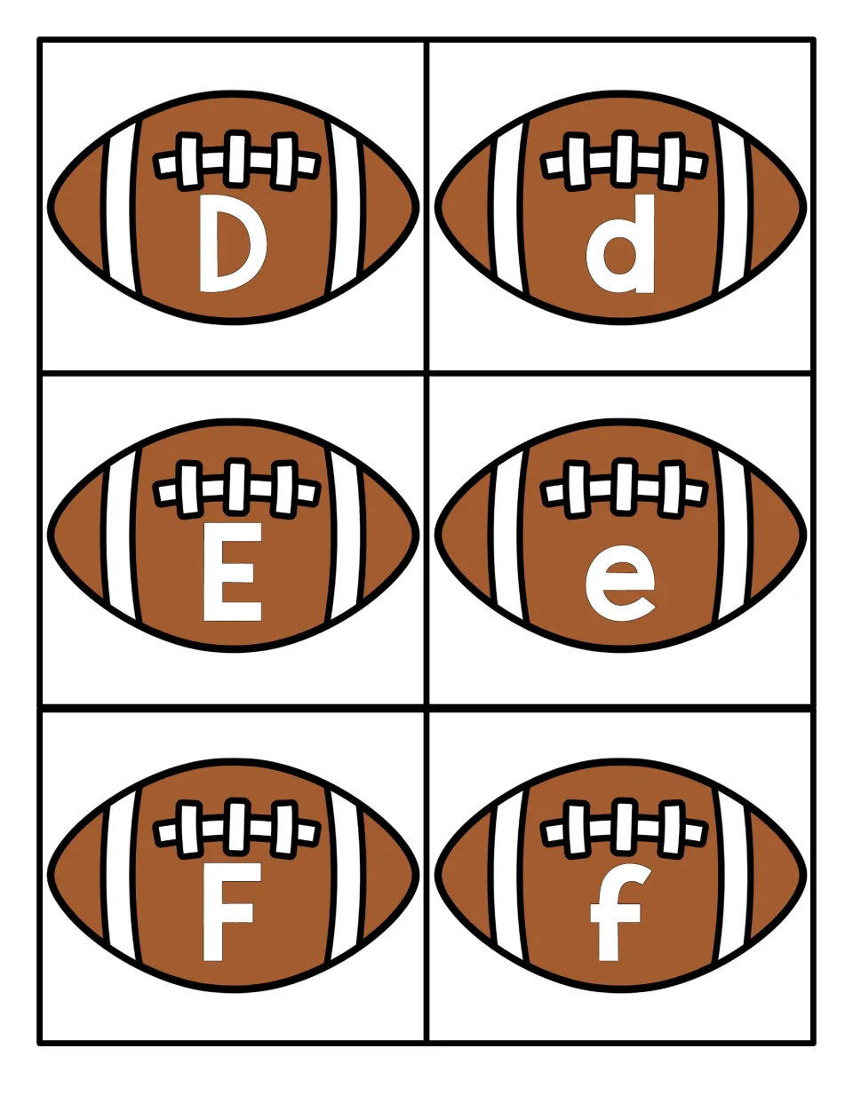 Letters D, E and F: six football cards showing each capital beside its lowercase partner for upper-lower letter matching