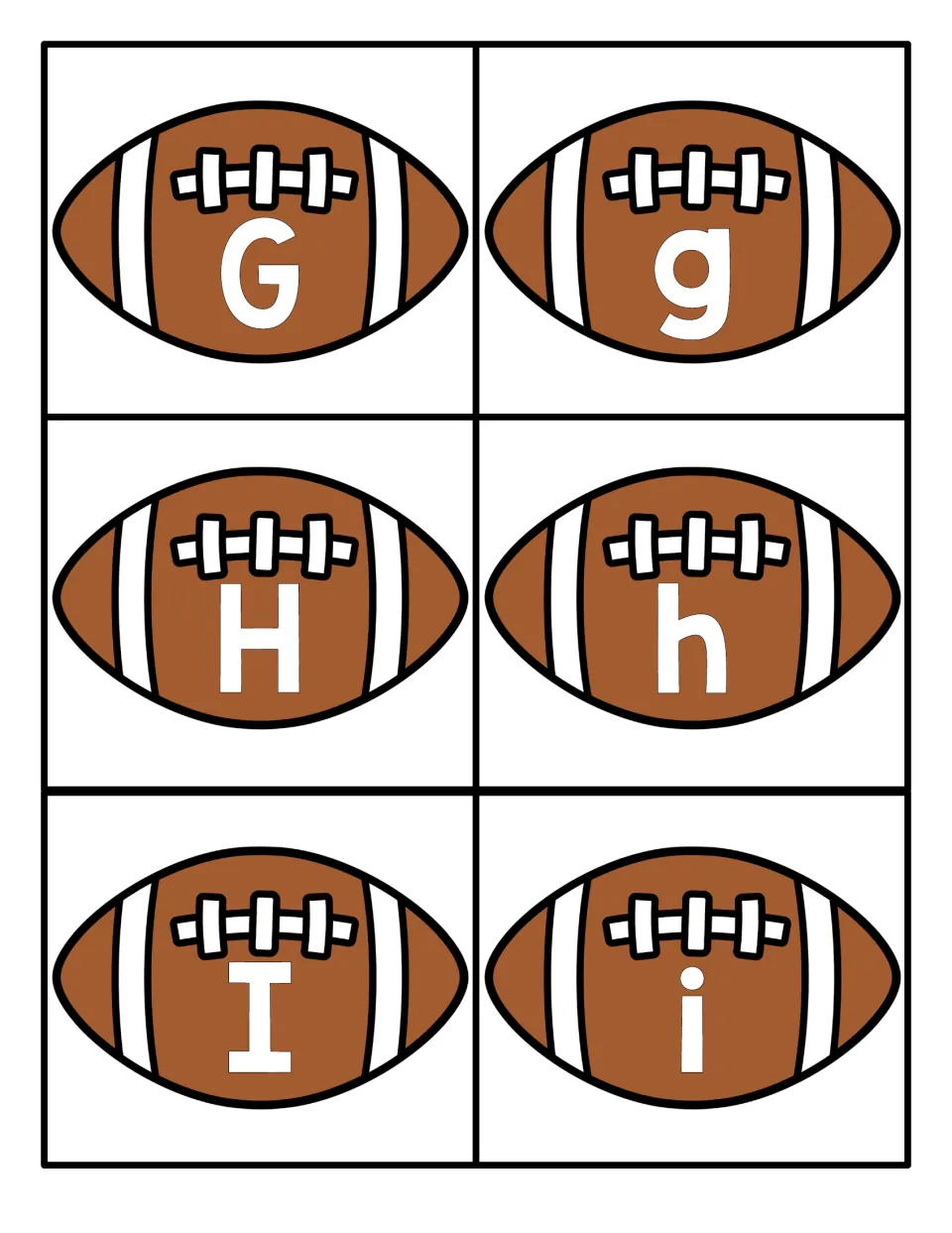 Letters G, H and I on brown football cards, one capital or lowercase letter per card, for pairing uppercase with lowercase