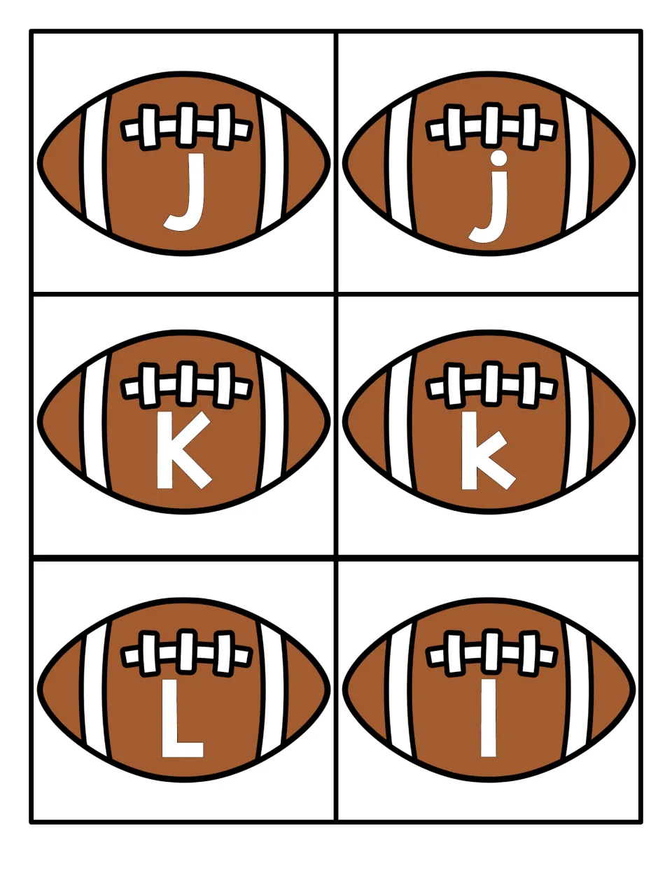 Letters J, K and L as uppercase and lowercase football cards for students to name each letter and match the pairs