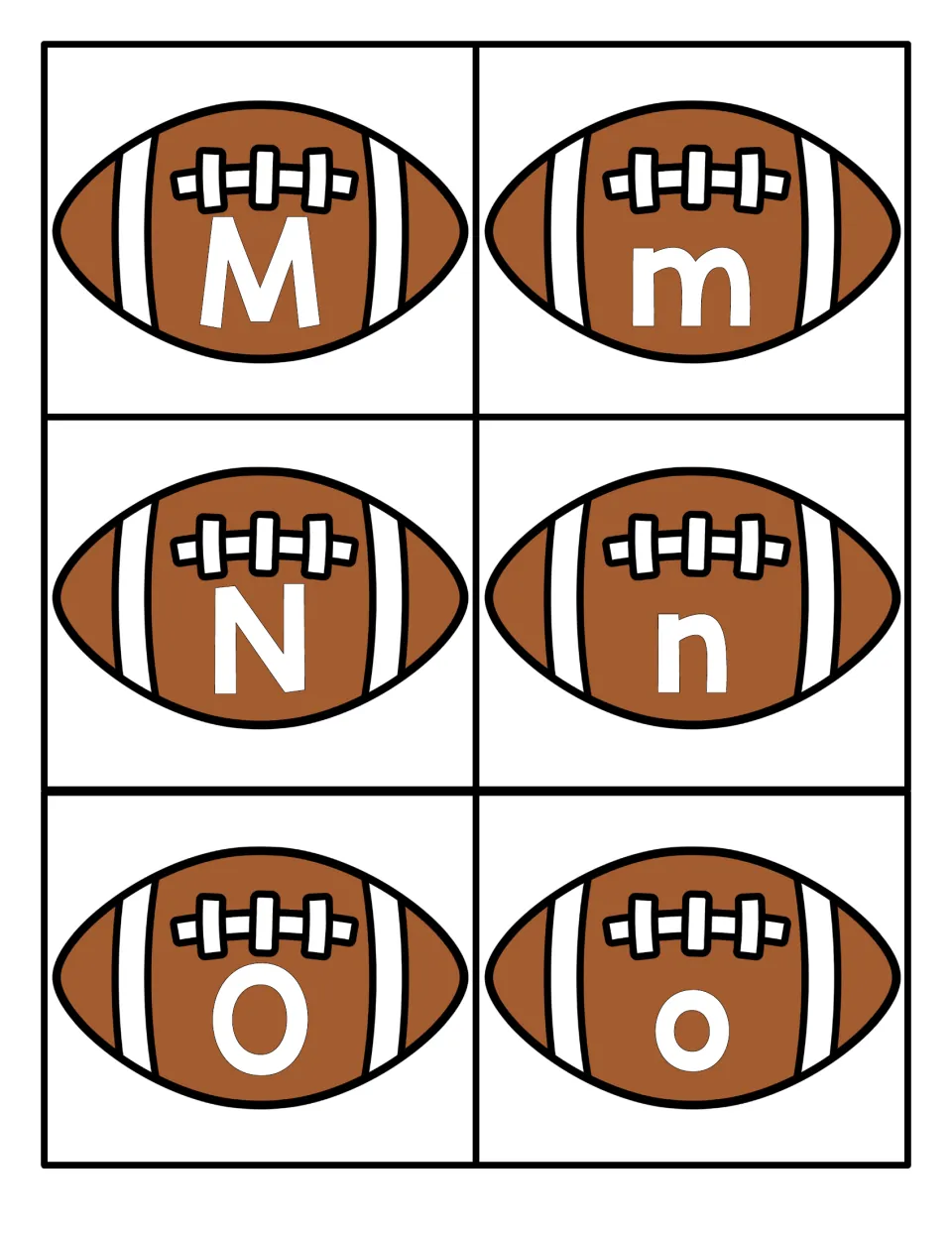 Football cards for M, N and O in capital and small letter forms; students identify letters and match each case pair