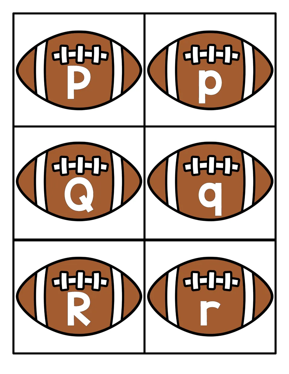Letters P, Q and R on six football cards, uppercase and lowercase, for letter naming and sorting capitals from small