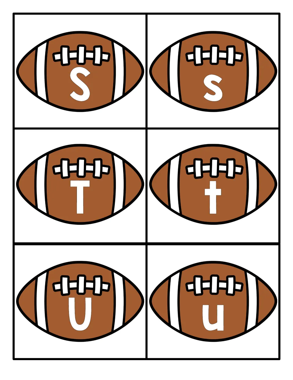 Football letter cards S, T and U, each shown in uppercase and lowercase, for matching games and letter identification