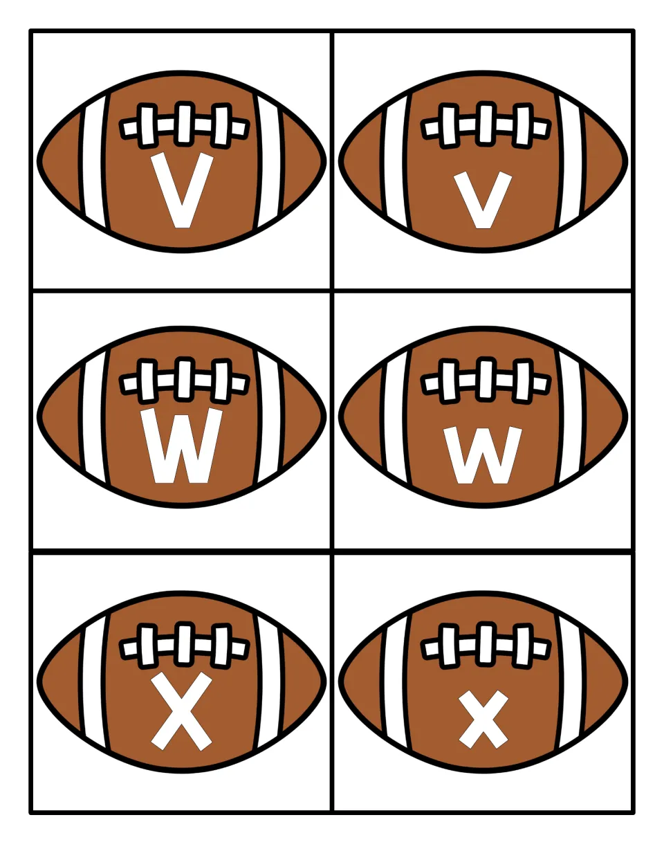 Letters V, W and X printed on football cards in both cases for letter recognition and uppercase-lowercase matching