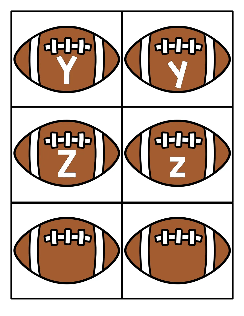 Letters Y and Z on football cards in uppercase and lowercase, plus two blank football cards with no letter
