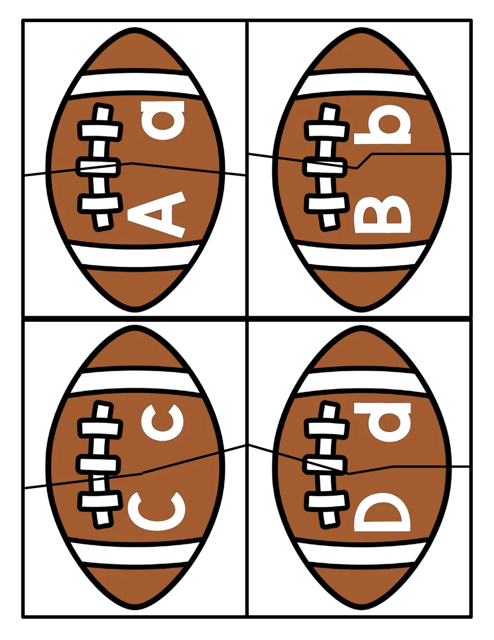 Letters A to D: four footballs, each cut in two along a jagged line, to match uppercase A, B, C, D with lowercase a to d