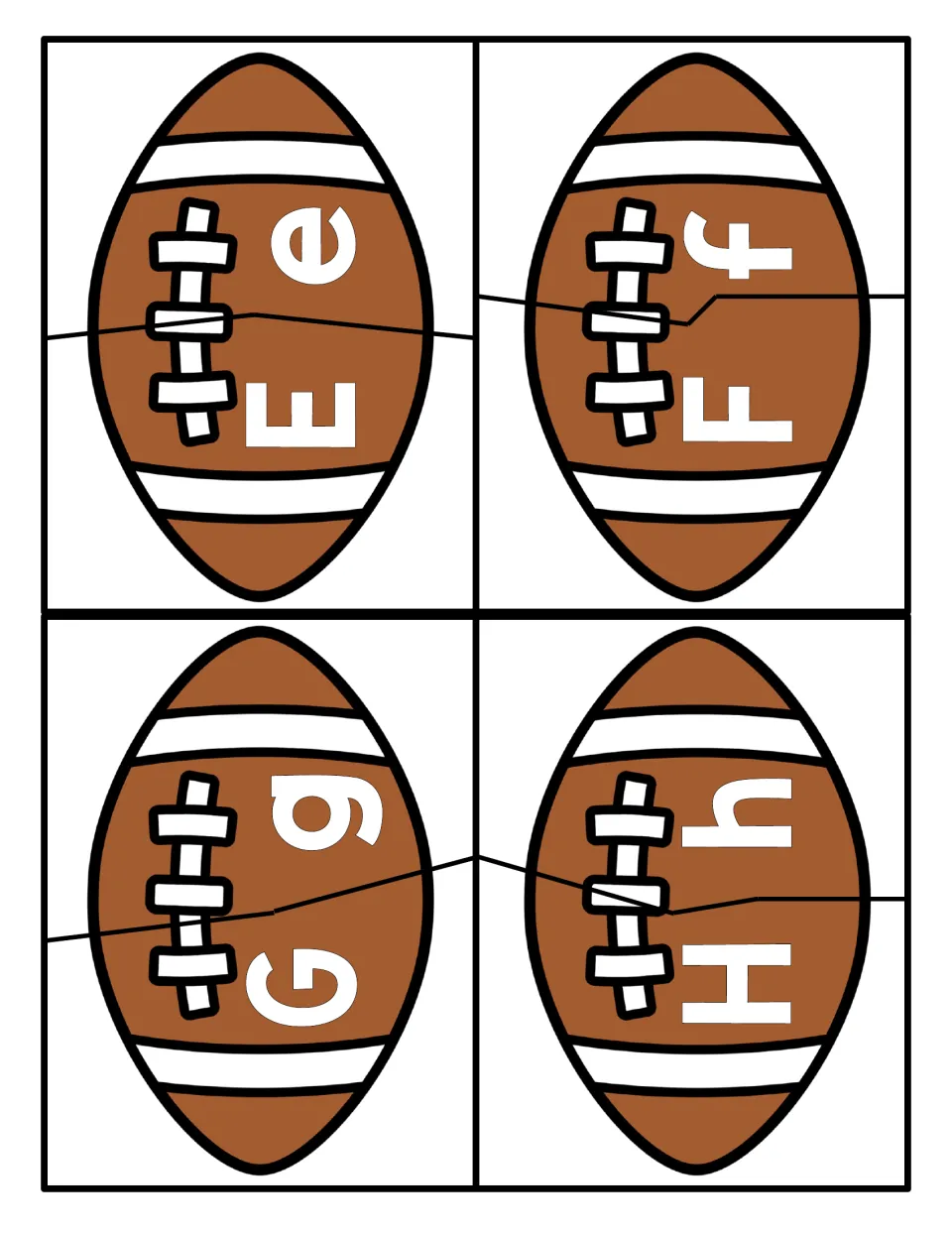 Letters E to H: two-piece football puzzles where students pair capital E, F, G, H with the lowercase e, f, g, h halves
