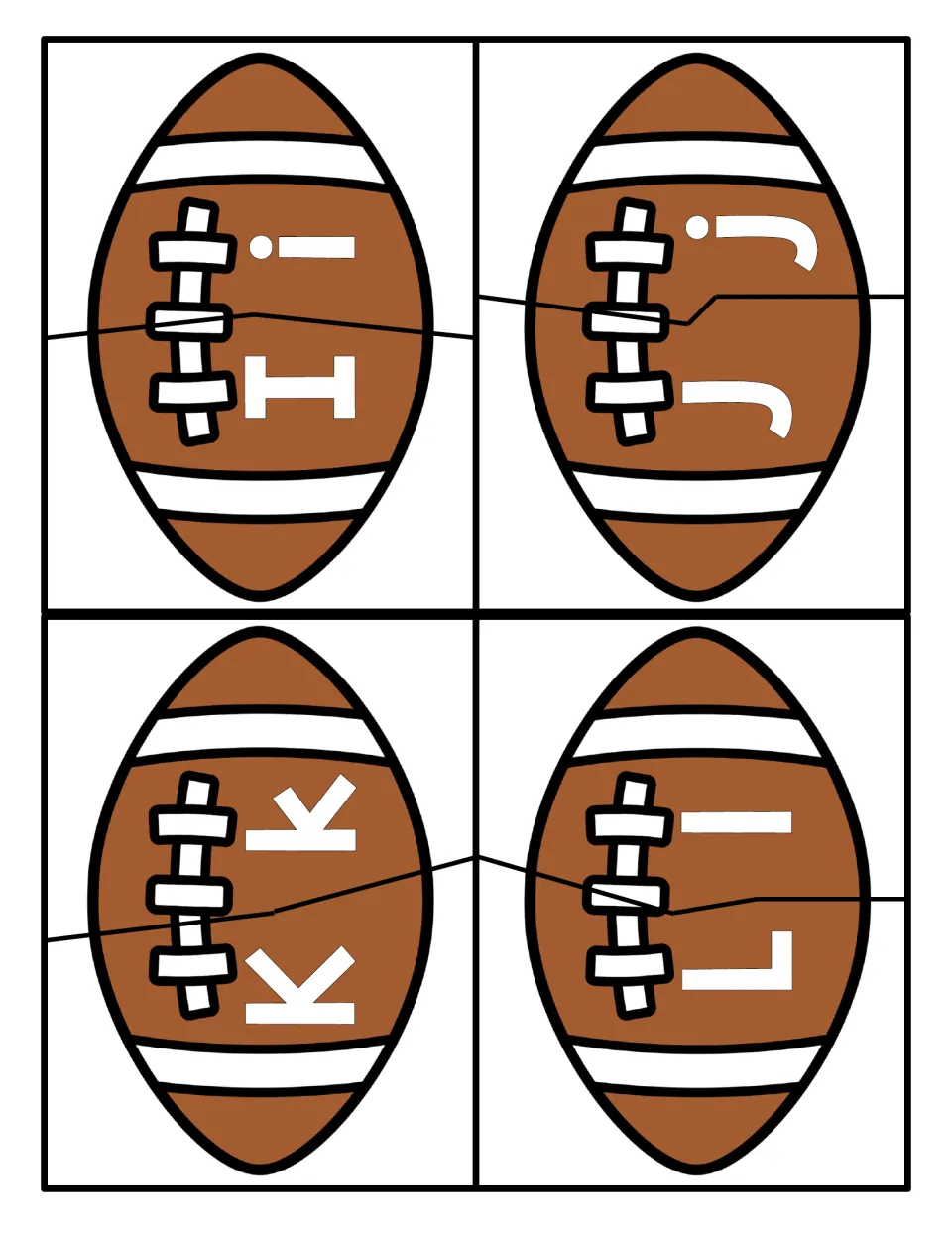 Letters I to L: footballs split into two pieces so children join uppercase I, J, K, L to the matching lowercase letter