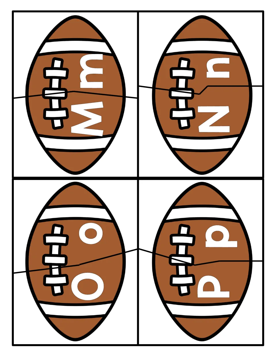 Letters M to P: cut-apart football halves for matching uppercase M, N, O, P with lowercase m, n, o, p in letter recognition