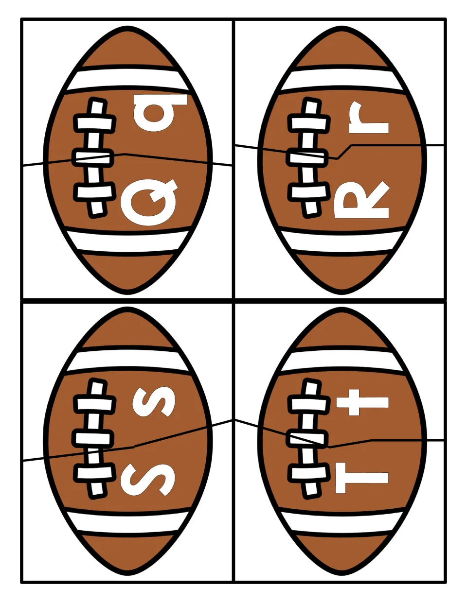 Letters Q to T: each football splits into a capital and a lowercase half so learners rebuild Qq, Rr, Ss and Tt by matching