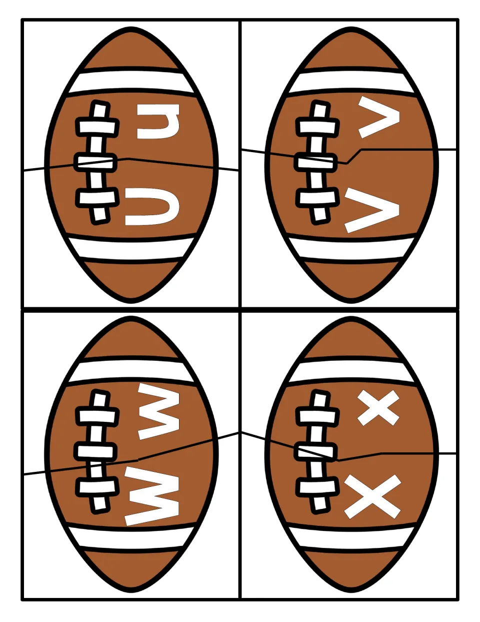 Letters U to X: two-part football pieces for pairing uppercase U, V, W, X with lowercase u, v, w, x to practise letter case