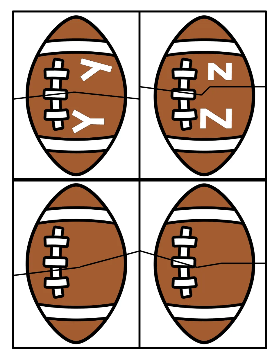 Letters Y and Z: football halves to match uppercase Y and Z with lowercase y and z, plus two blank footballs left unlabeled