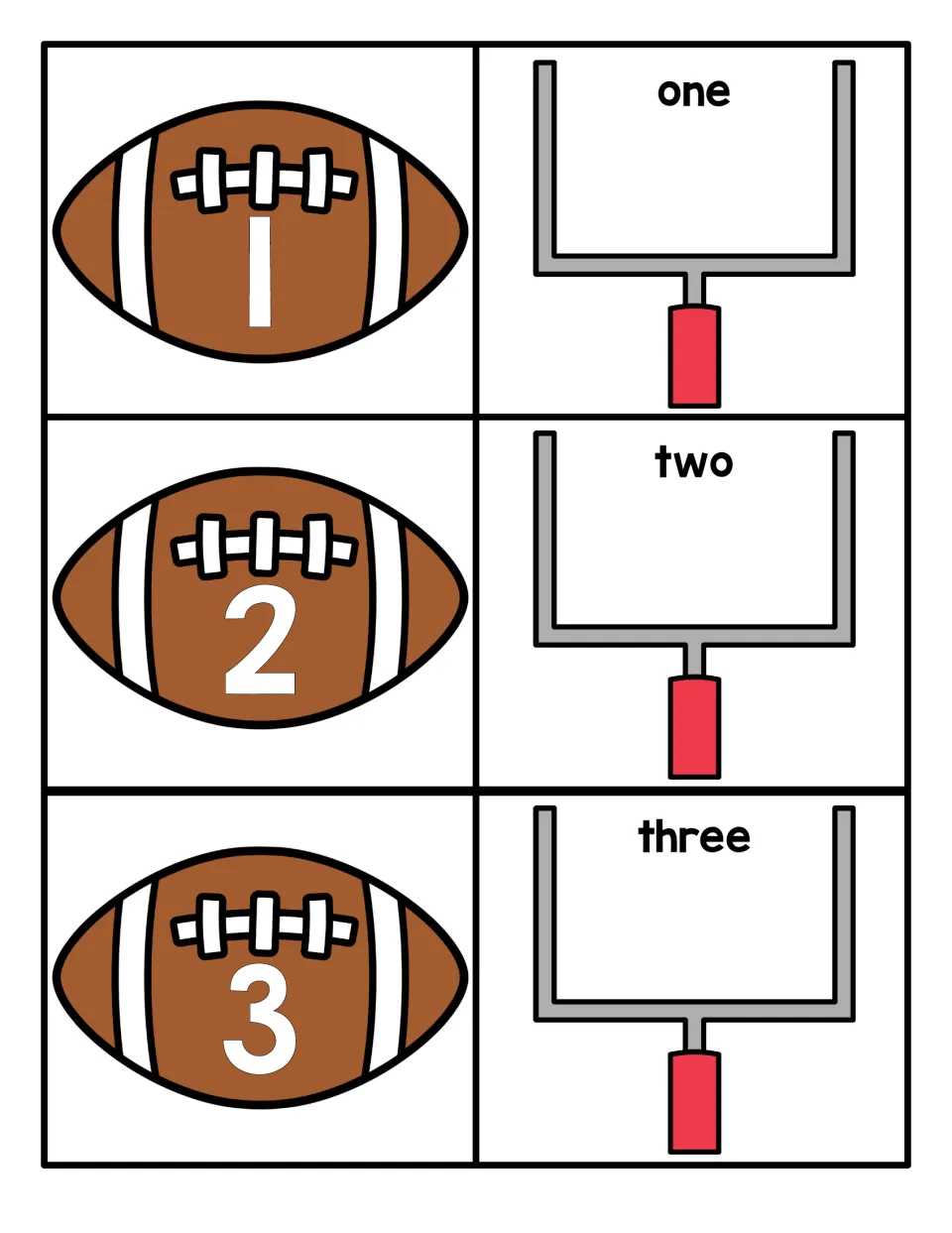 Numbers 1 to 3: football cards show numerals 1, 2, 3 to match with goalpost cards labeled one, two and three