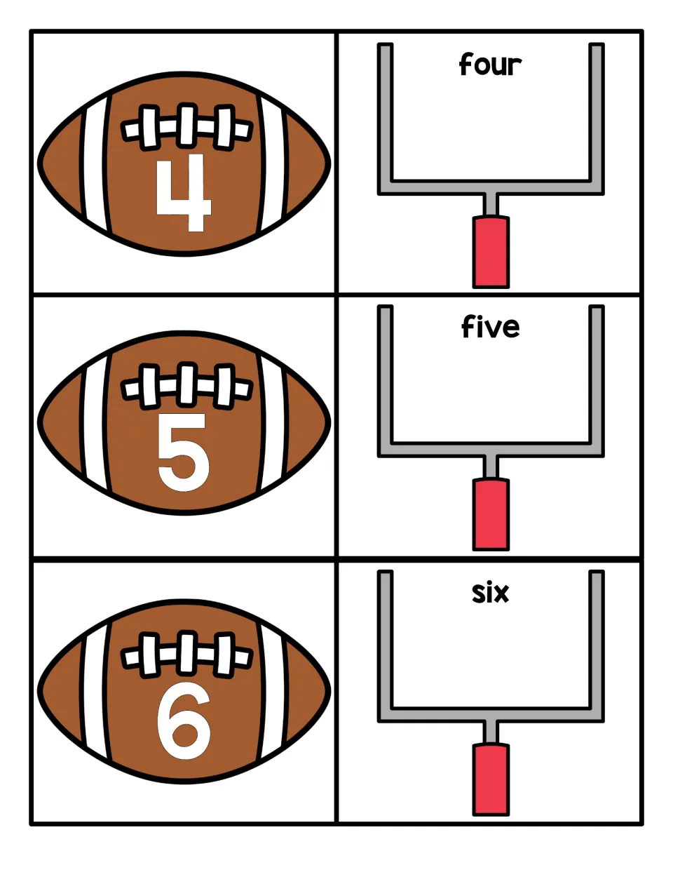 Numbers 4 to 6: students pair football cards showing 4, 5 and 6 with goalpost cards for the words four, five and six