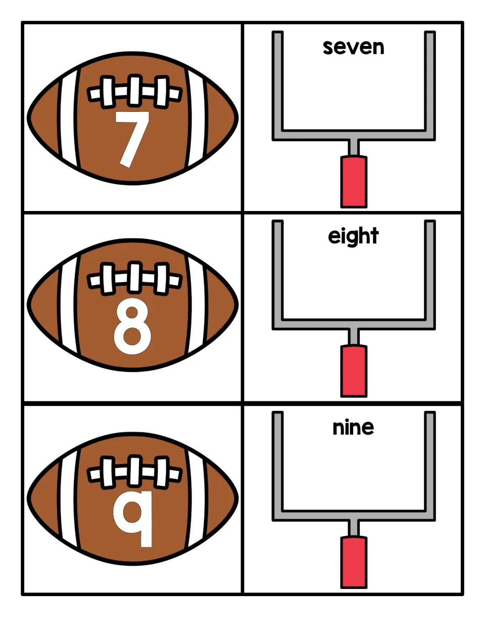 Numbers 7 to 9: numeral-to-word matching with footballs showing 7, 8, 9 and goalposts labeled seven, eight and nine