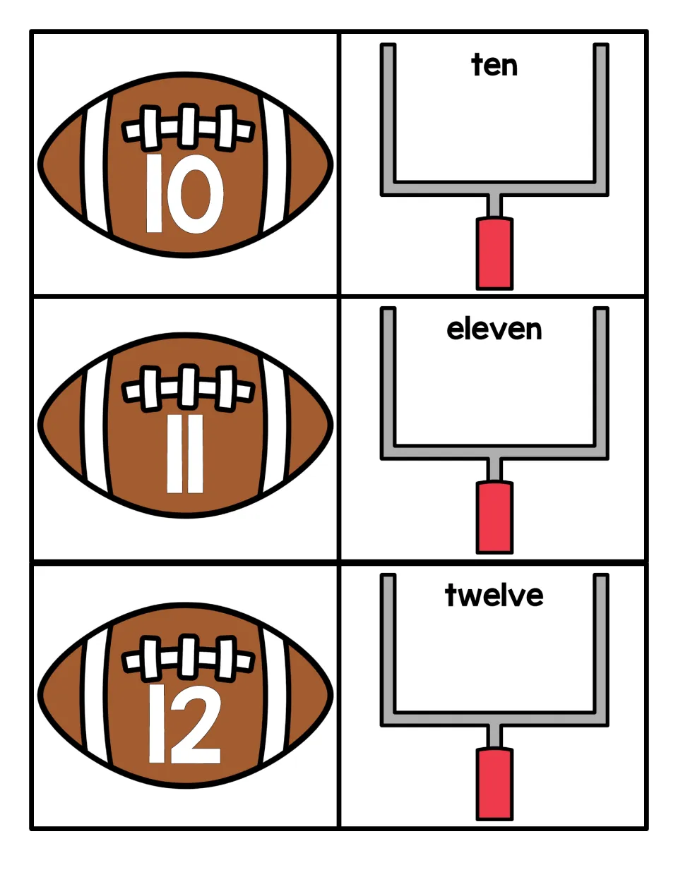 Numbers 10 to 12: football cards with 10, 11 and 12 pair with goalpost cards spelling ten, eleven and twelve