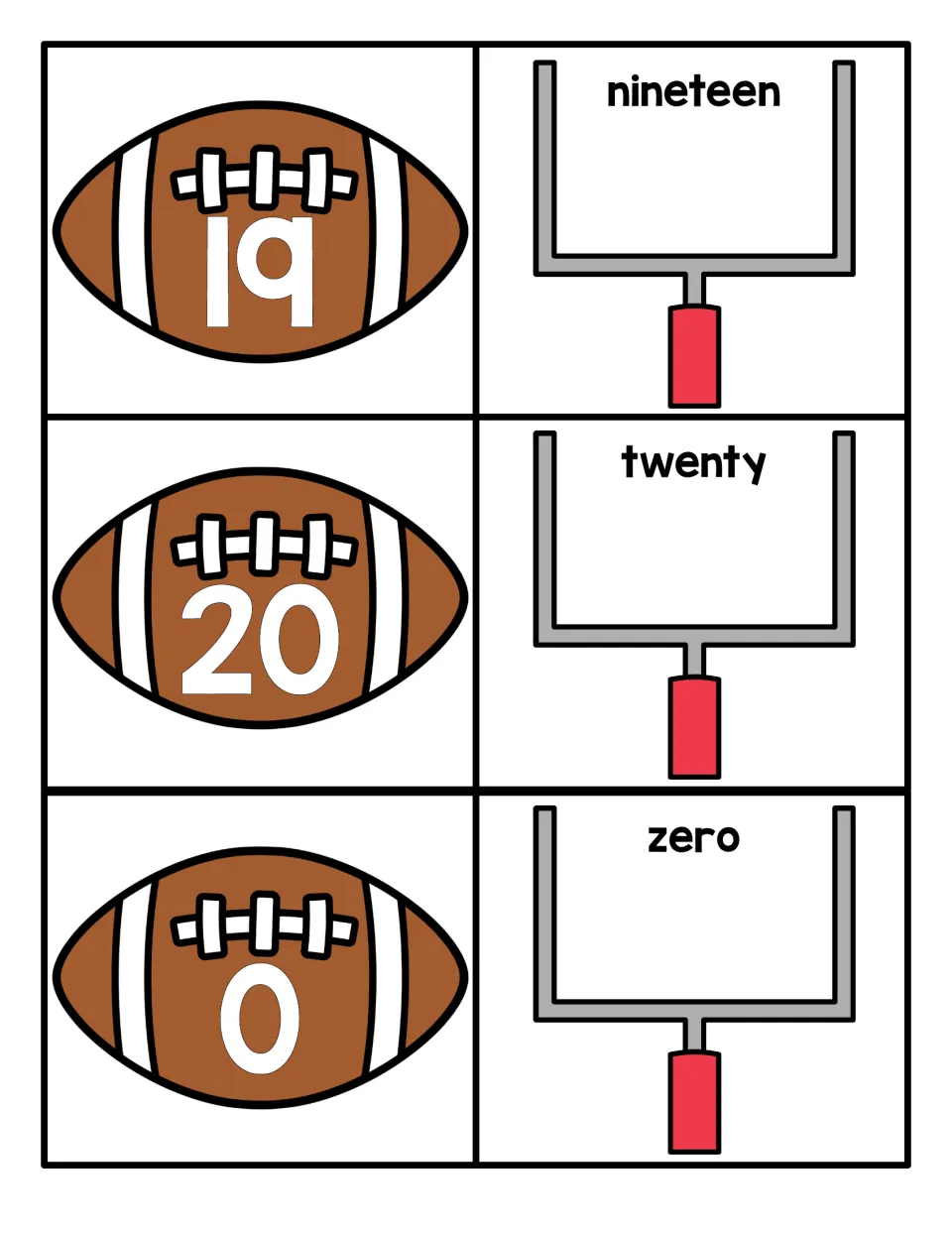 Numbers 19, 20 and 0: footballs with these numerals pair with goalpost cards for the words nineteen, twenty and zero