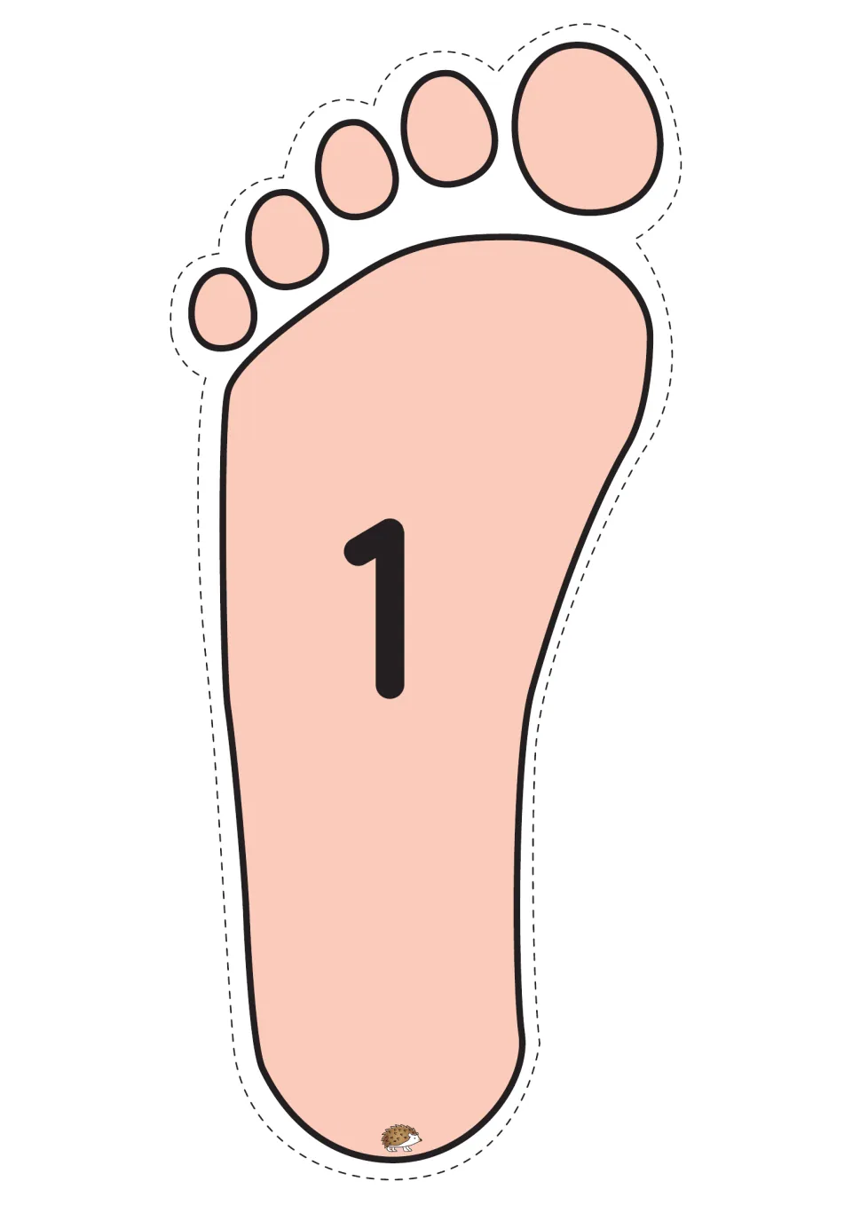 Number 1 on a peach footprint cut-out that students step on while counting in order as a floor number tile