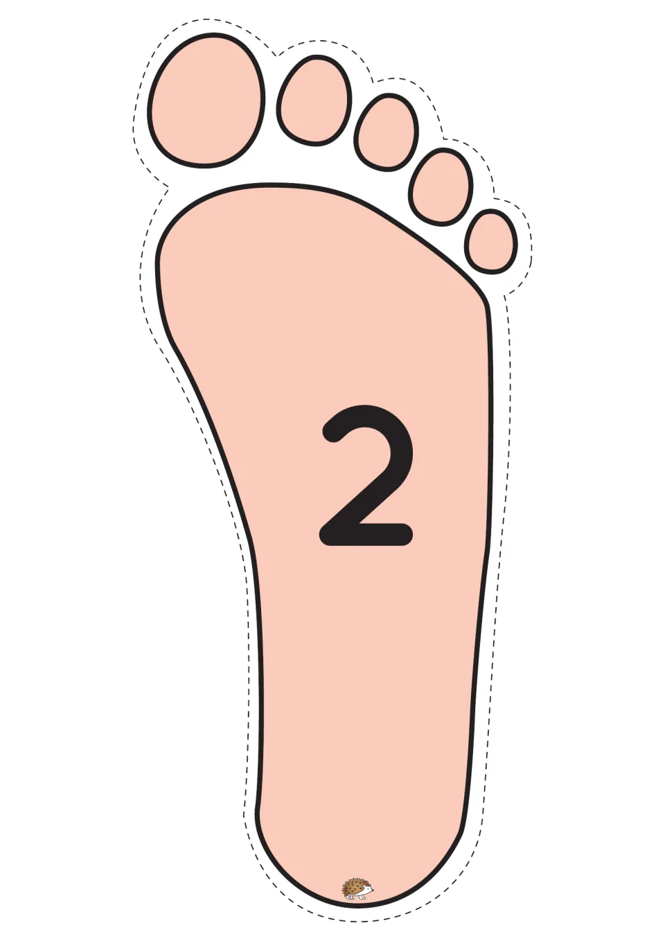 Number 2 on a peach footprint to cut out; children hop onto it next as they practise number order from 1 upward