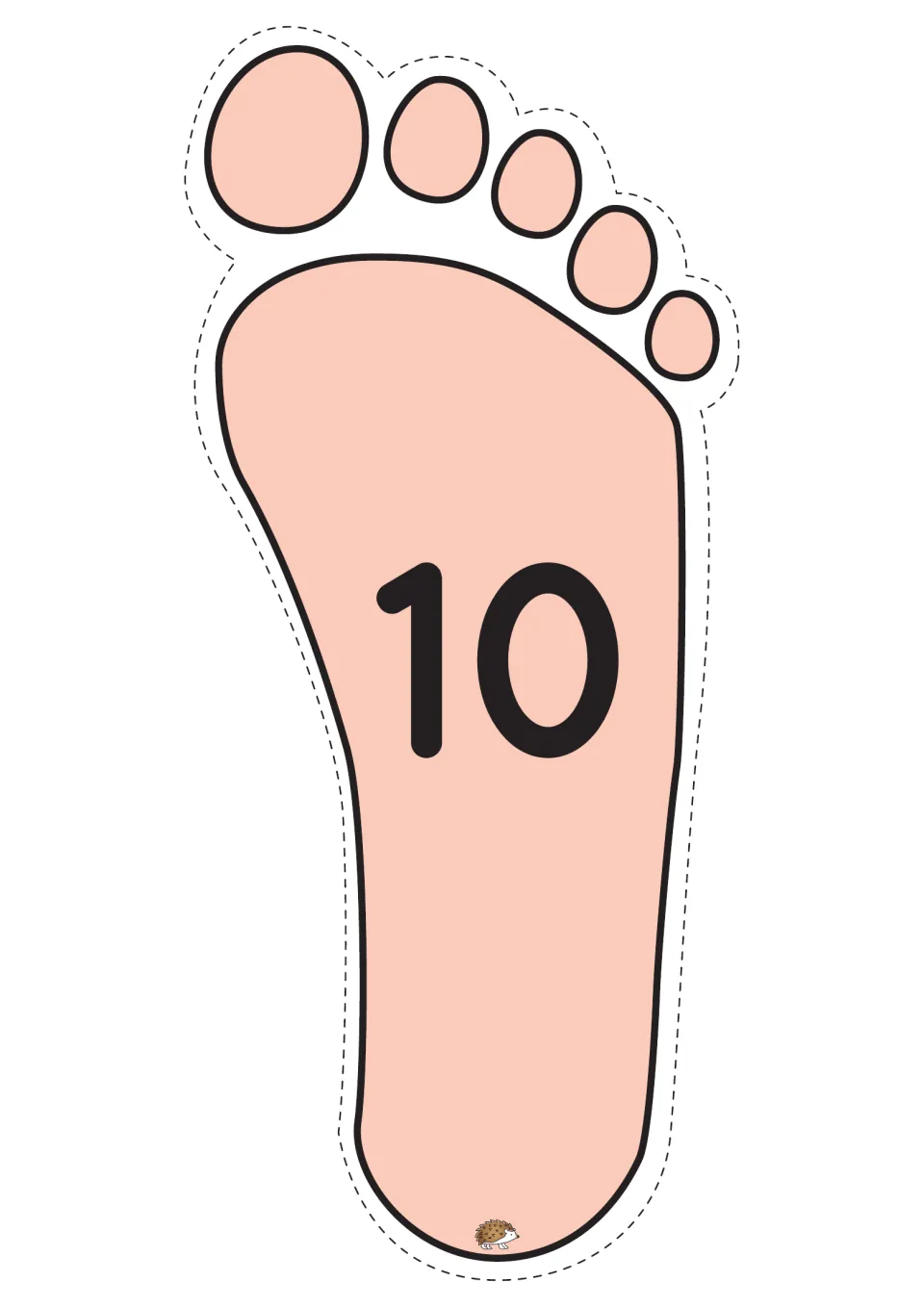 Number 10 on a peach footprint cut-out, a stepping tile for counting by ones or marking tens when counting by 10s