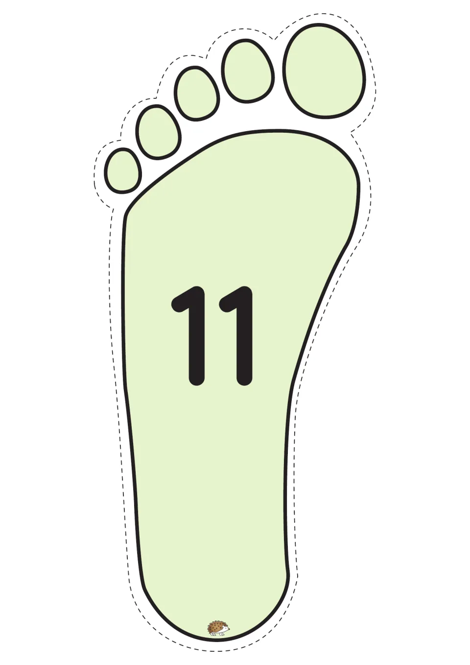 Number 11 on a pale green footprint to cut out and lay on the floor for stepping on and naming teen numbers