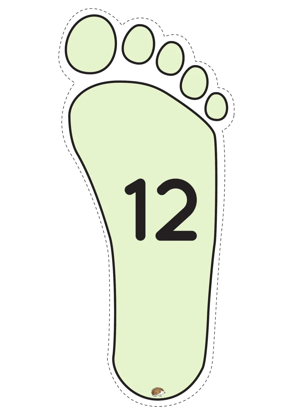 Number 12 on a pale green footprint cut-out; students name the numeral aloud as they land on it in sequence