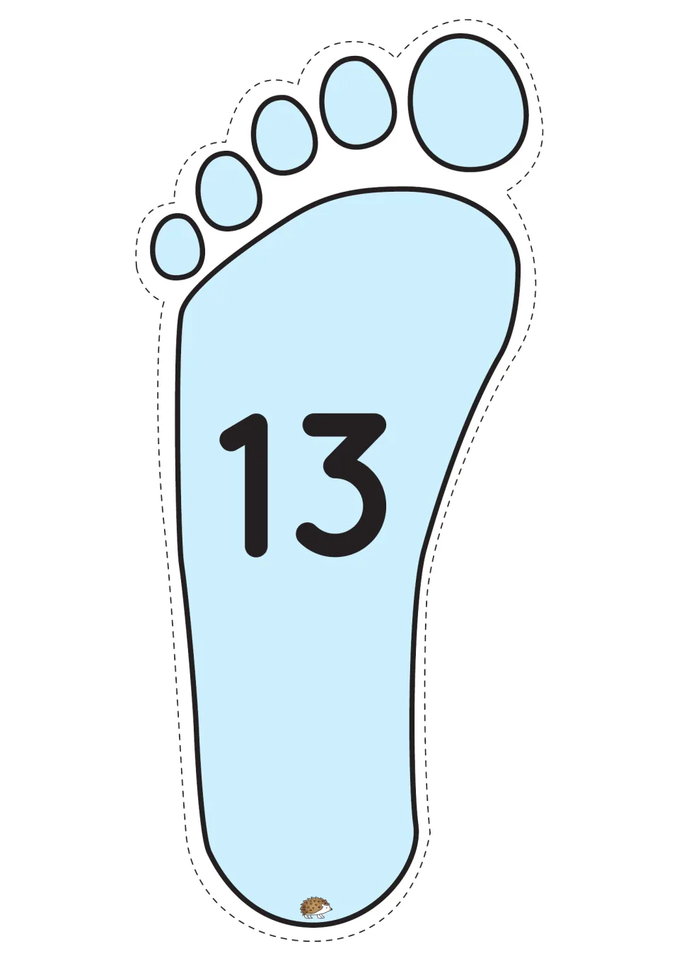 Number 13 on a light blue footprint cut-out, a floor tile for teen number recognition and counting on from 13