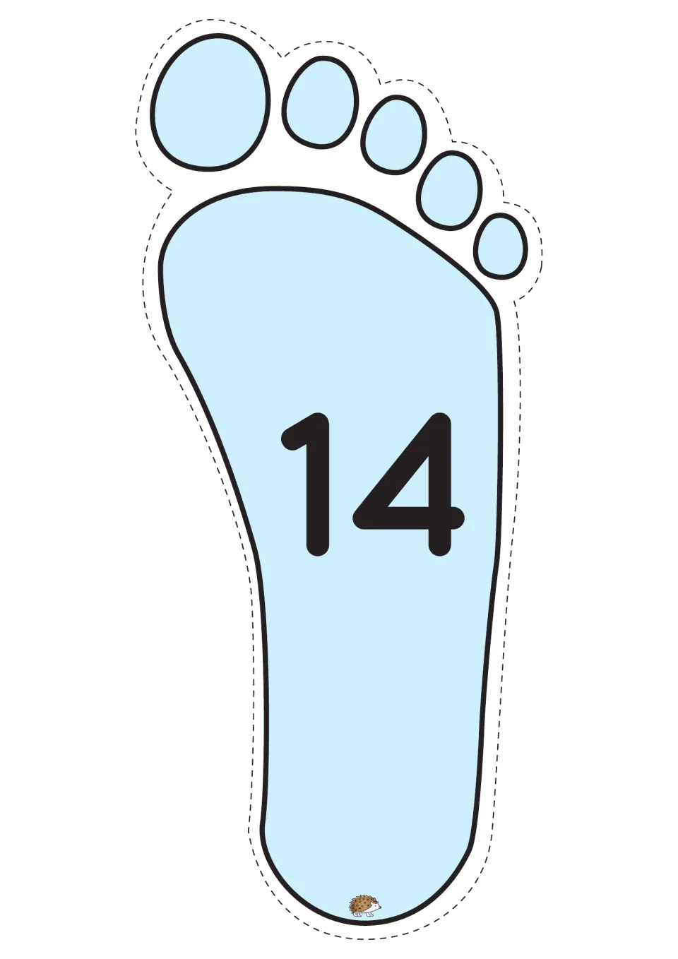 Number 14 on a light blue footprint to cut out; children step onto it to practise counting forward past 13