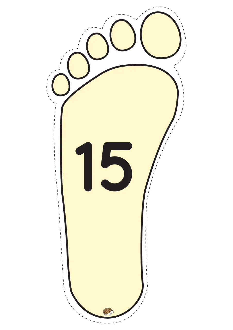 Number 15 on a pale yellow footprint cut-out, a stepping tile for counting by ones or landing on multiples of 5