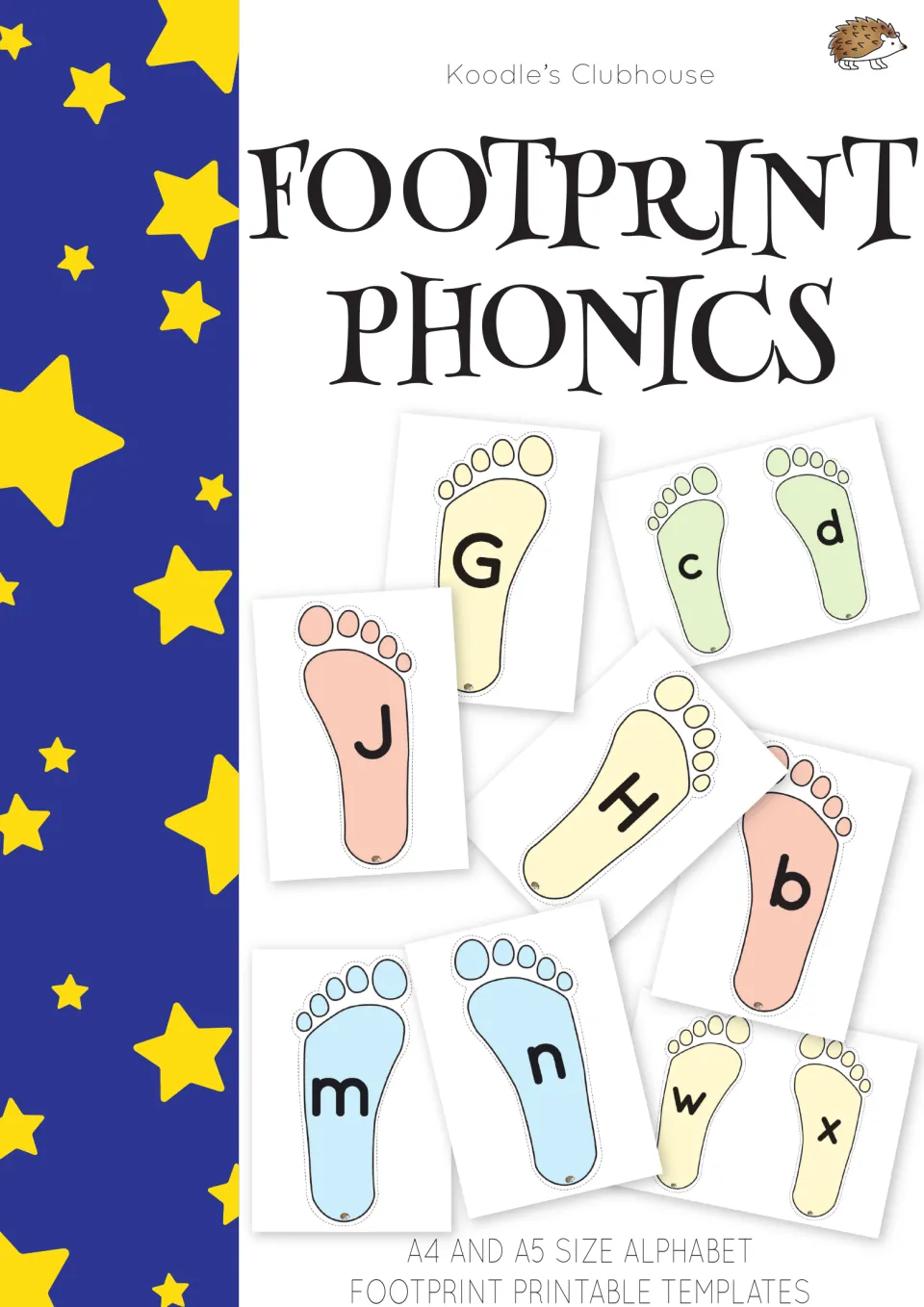 Cover of the footprint alphabet game showing uppercase and lowercase samples and naming A4 and A5 sizes