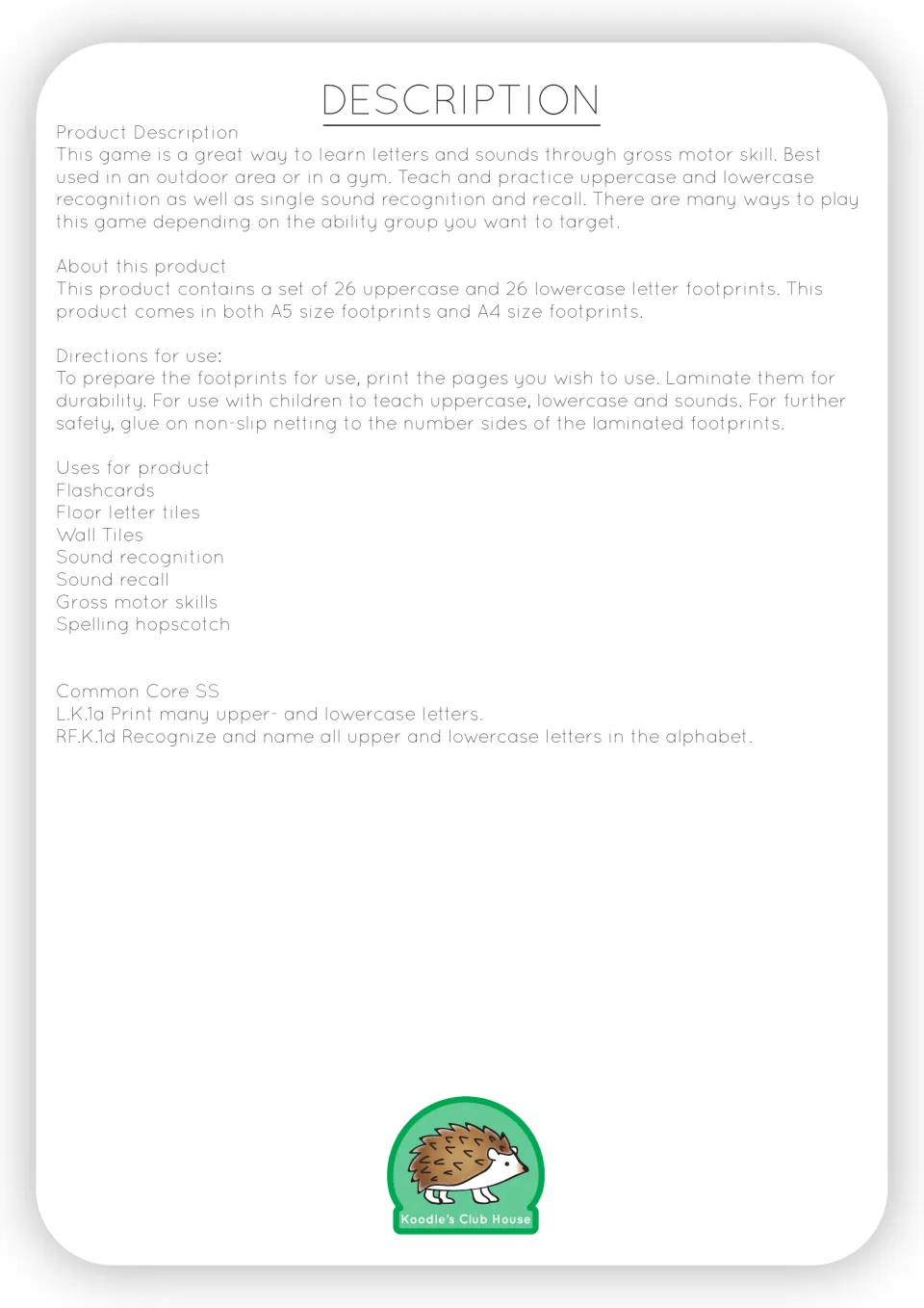 Alphabet footprint game directions list 26 uppercase and 26 lowercase letters, preparation steps, and uses