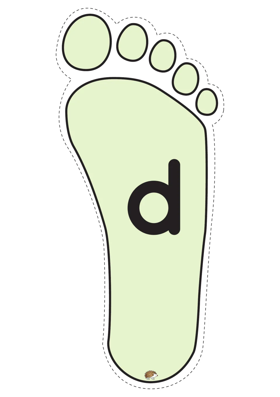 Lowercase d footprint from the alphabet game, printed one per page for letter recognition and sound practice