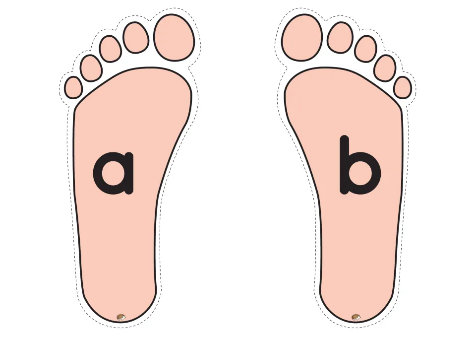 Lowercase a and b footprints from the alphabet game, printed two per page for letter and sound practice