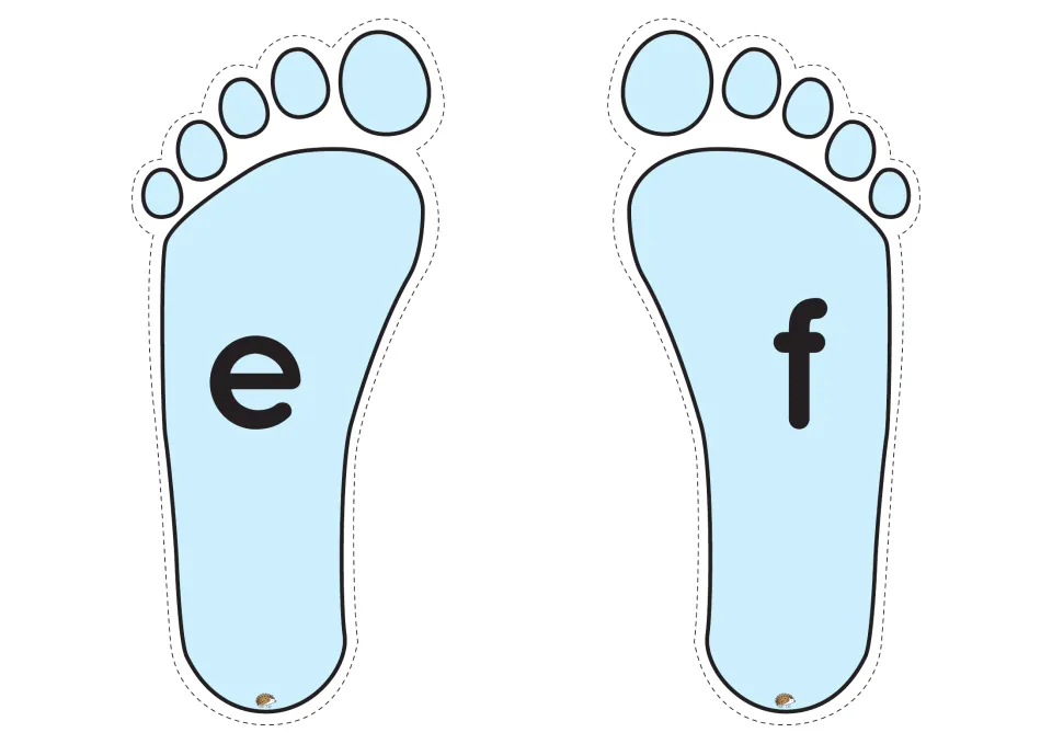 Lowercase e and f footprints from the alphabet game, printed two per page for letter and sound practice