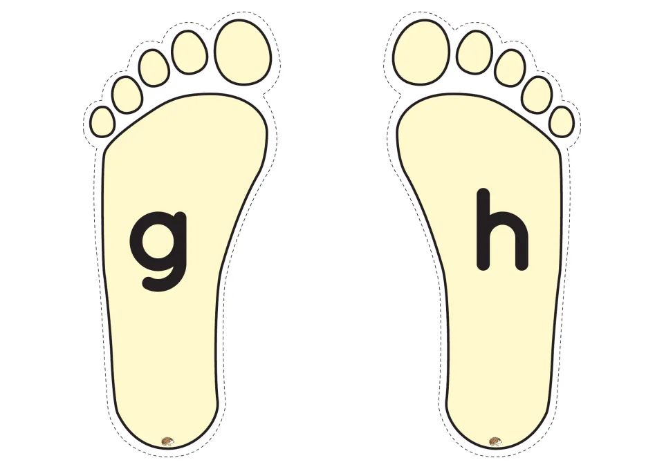Lowercase g and h footprints from the alphabet game, printed two per page for letter and sound practice