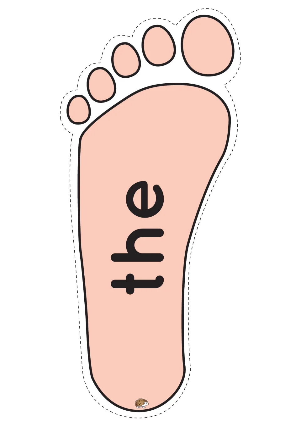 Sight word 'the' on a pink cut-out footprint for students to read aloud as they step on it during a hopping recognition game