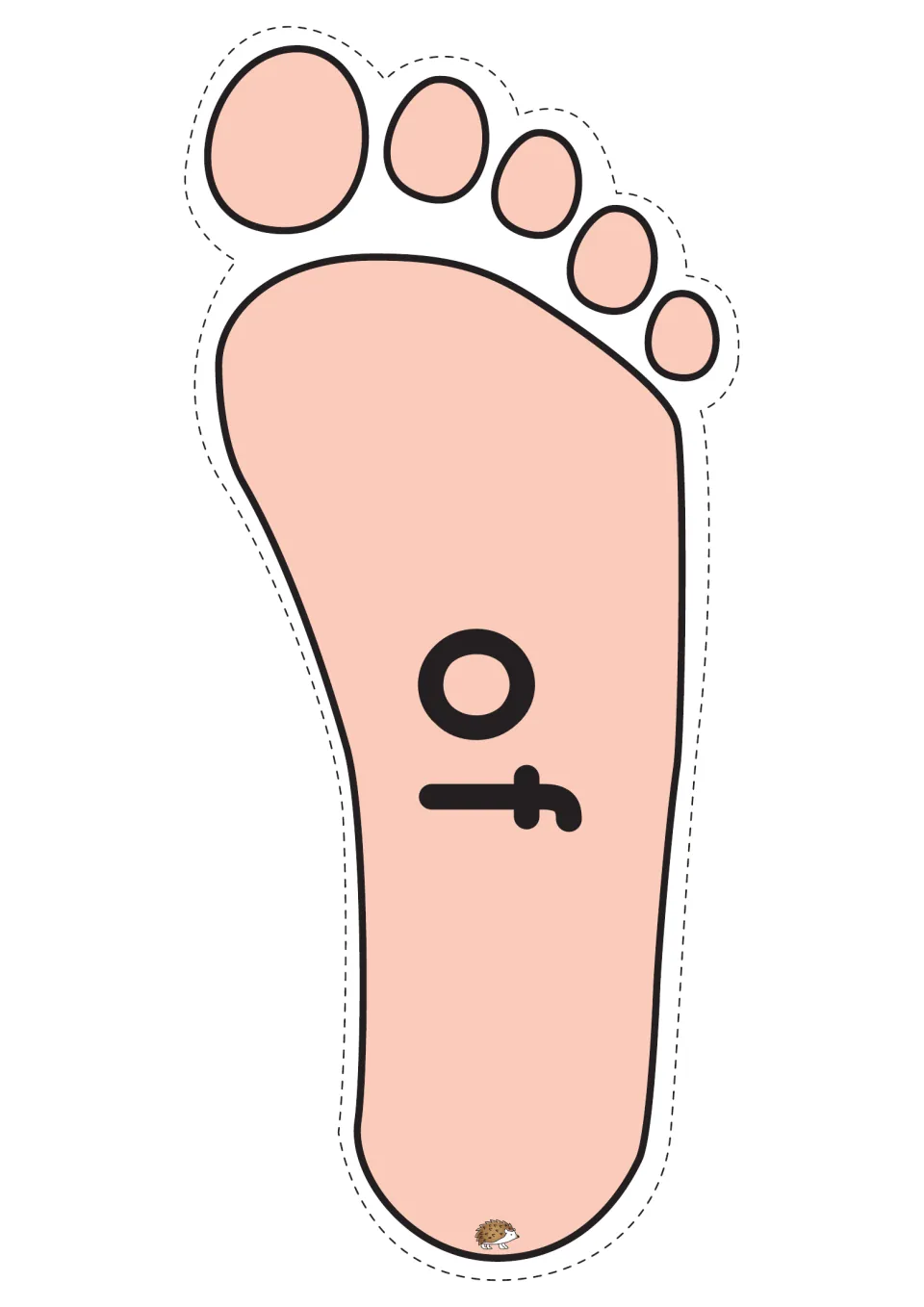 Sight word 'of' on a pink footprint; students jump to it and read it aloud, practising high-frequency word recognition