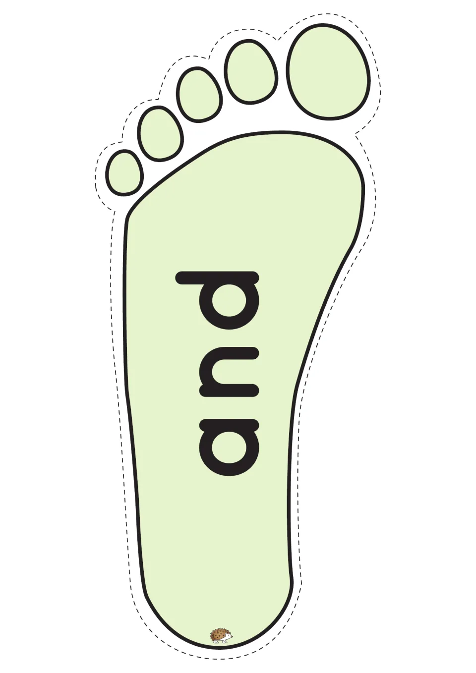 Green footprint showing the tricky word 'and' for children to read on sight while hopping along a laminated floor path