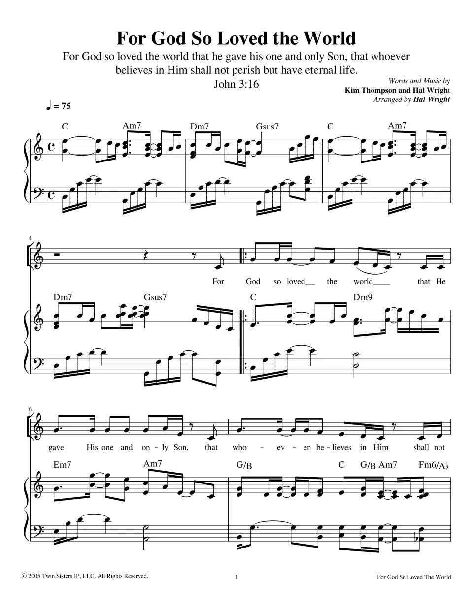 John 3:16 song opening, bars 1-7: piano intro then vocal melody with lyrics and chord symbols C, Am7, Dm7, Gsus7