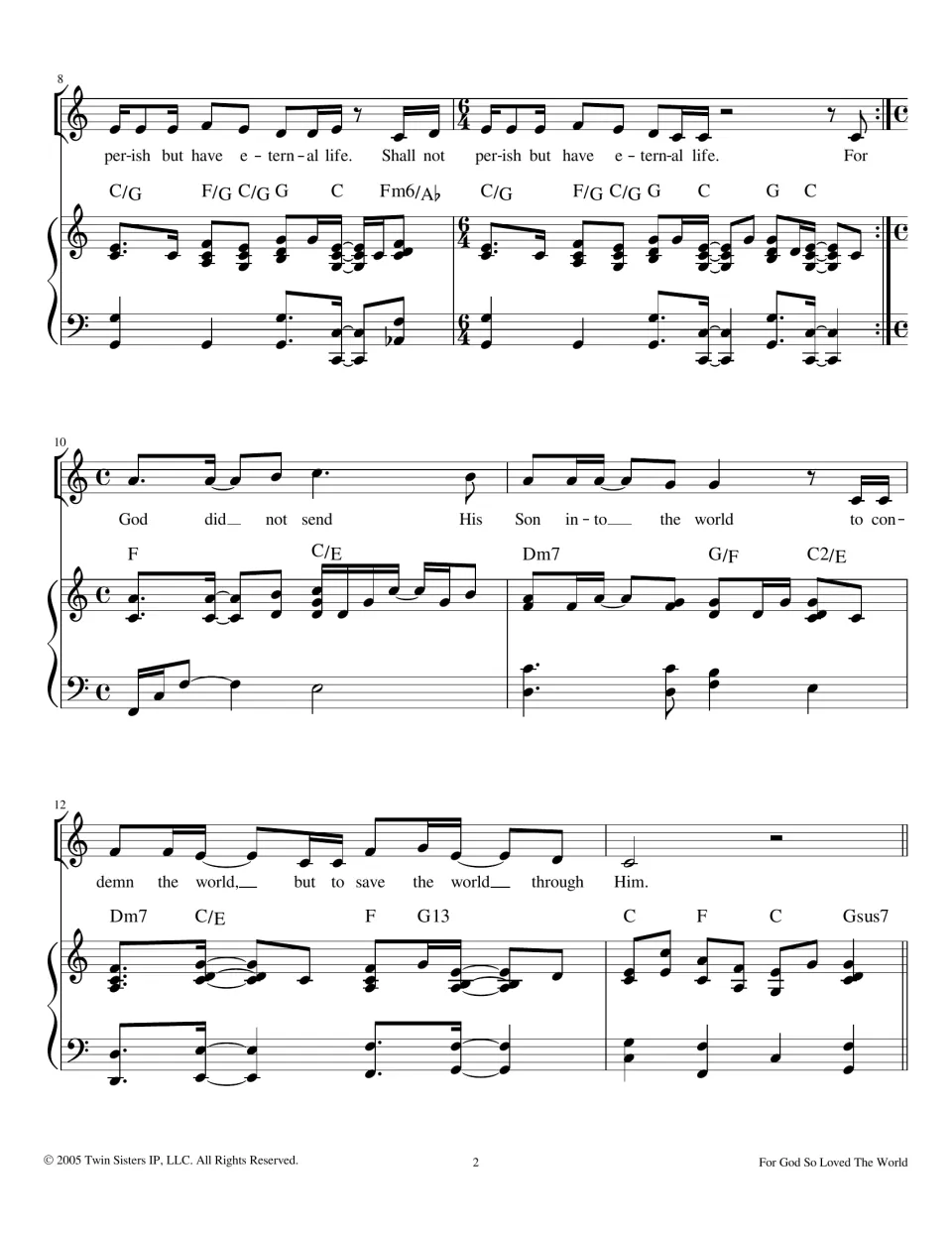Scripture song bars 8-13: lyrics 'perish but have eternal life' in 6/4, then 'God did not send His Son' back in 4/4