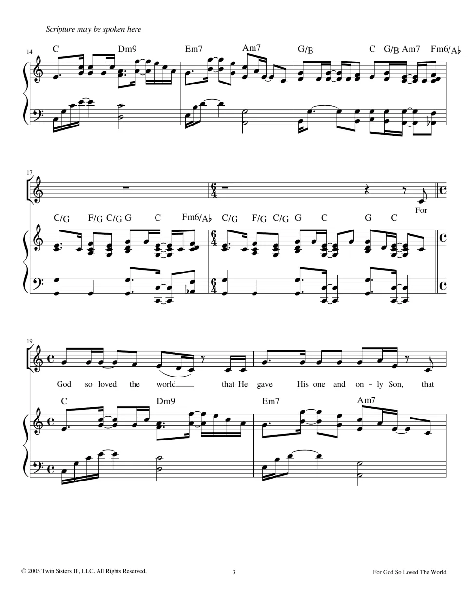 Piano interlude, bars 14-18, marked 'Scripture may be spoken here'; verse returns at bar 19: 'God so loved the world'