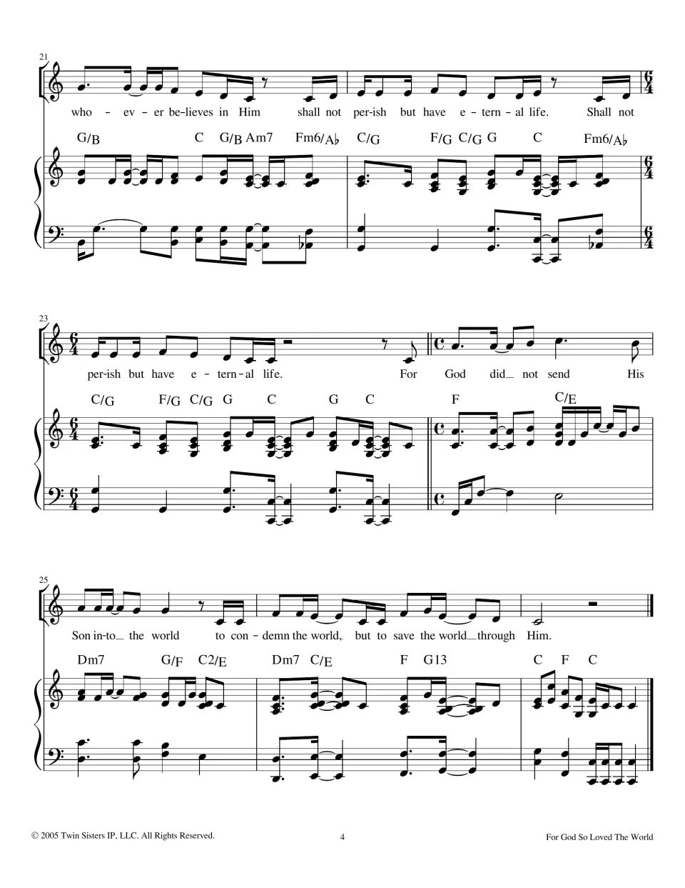 Closing bars 21-27: final verse 'whoever believes in Him' to 'save the world through Him', ending on a C chord