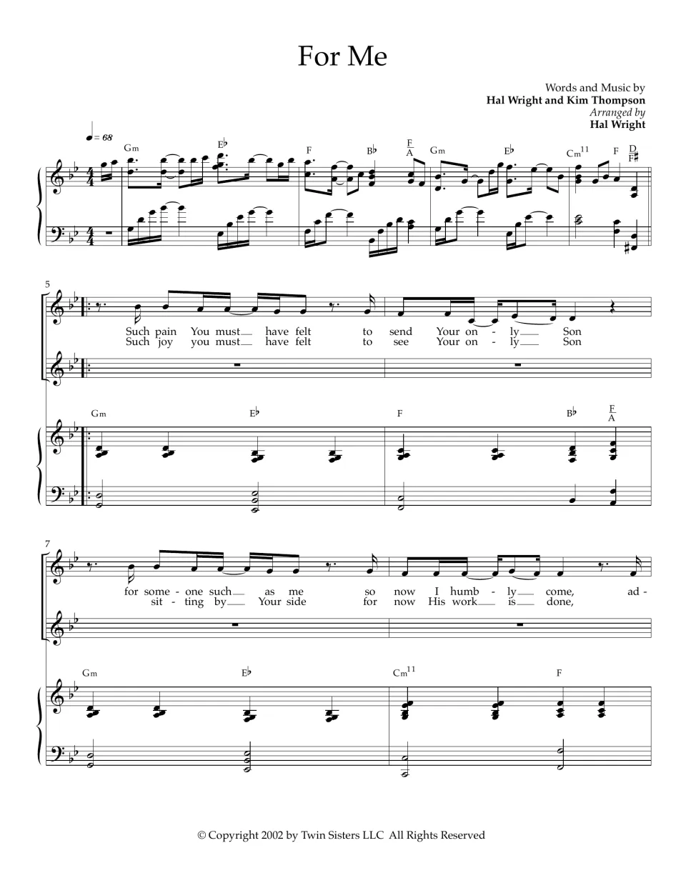 For Me by Hal Wright and Kim Thompson, bars 1-8: piano intro, then two verses of melody and lyrics with chord symbols