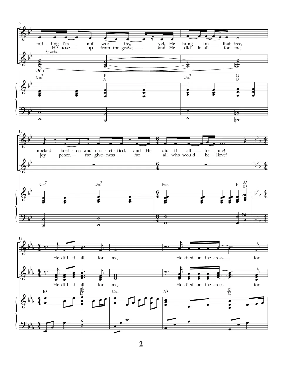 Score bars 9-15: verse ends on cru-ci-fied and be-lieve, a 6/4 bar, then a key change to three flats for He did it all