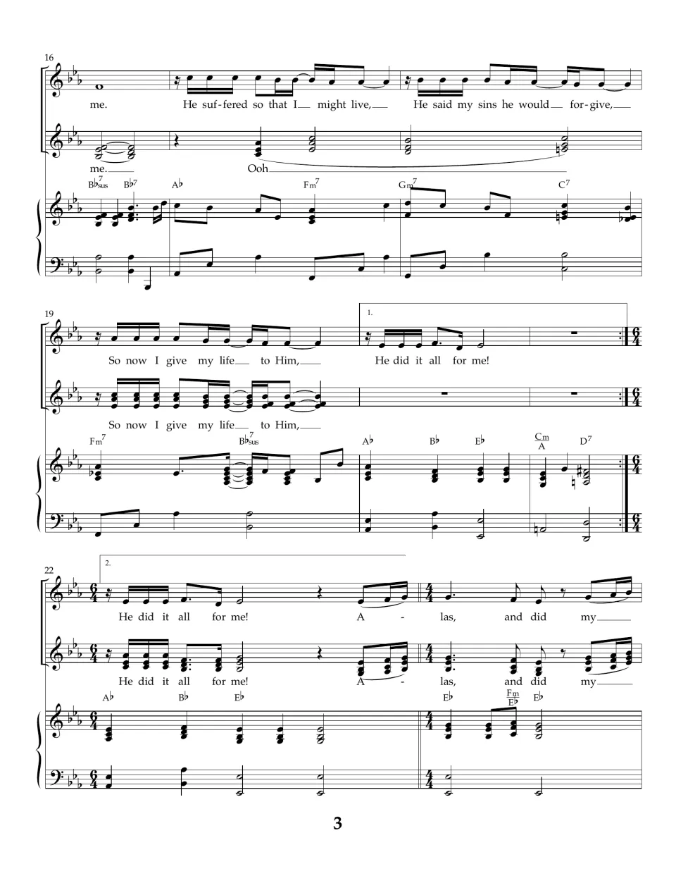 Chorus score bars 16-23: He suffered so that I might live, with first and second endings and the bridge opening Alas