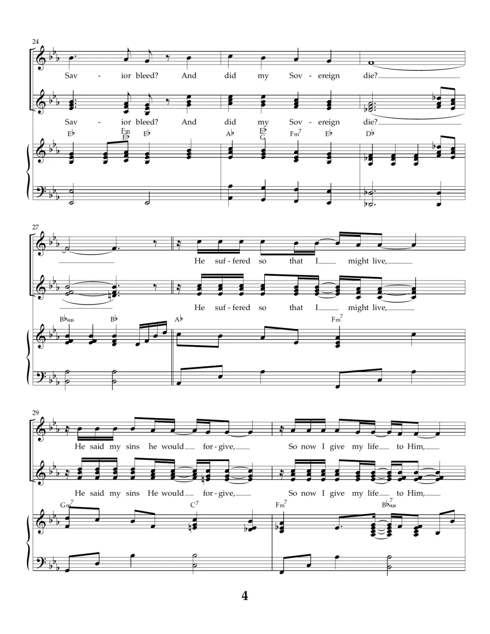 Bridge and final chorus bars 24-30: Savior bleed? And did my Sovereign die? leading to So now I give my life to Him