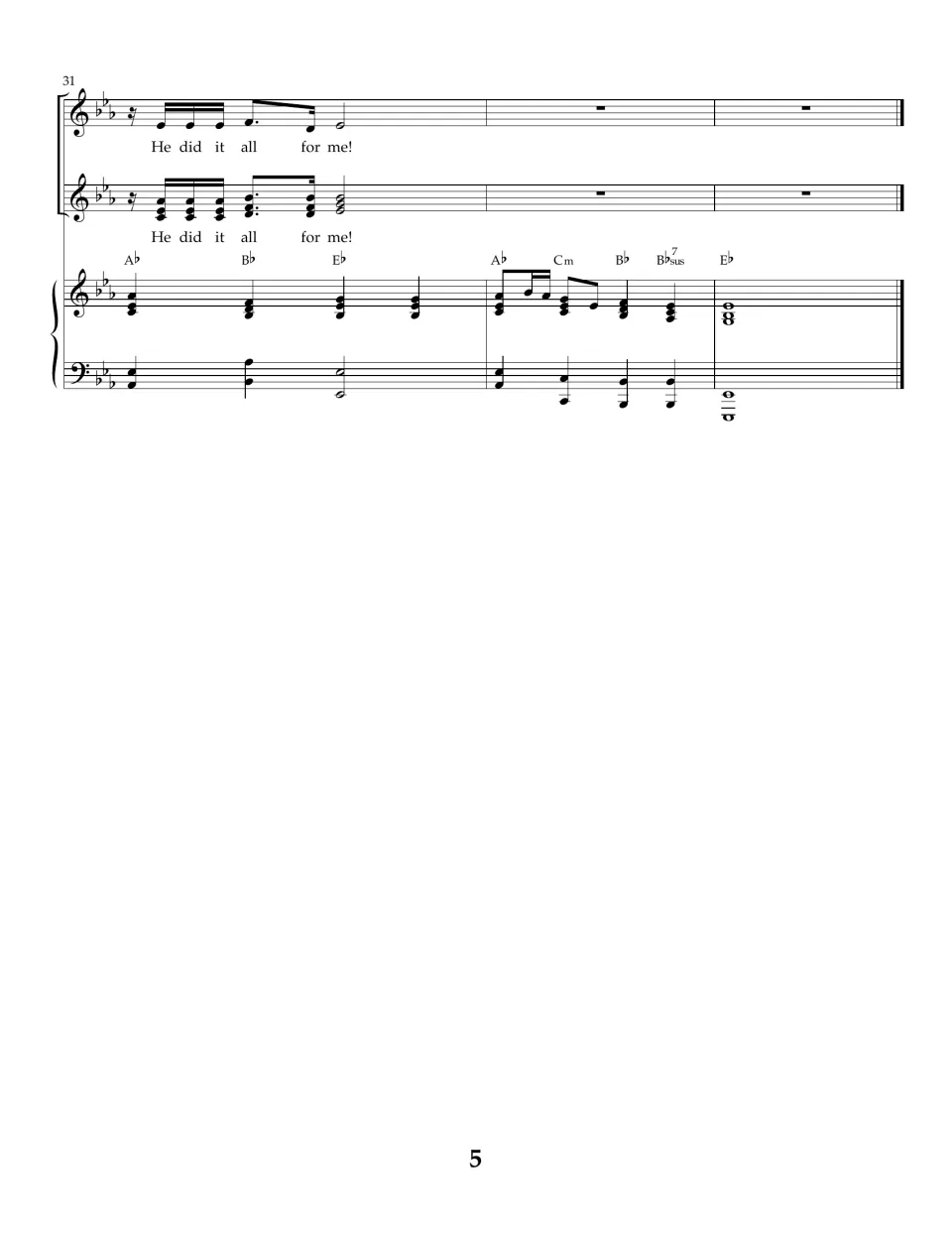 Closing bars 31-33 of the song score: final He did it all for me! with piano chords resolving to an E-flat ending
