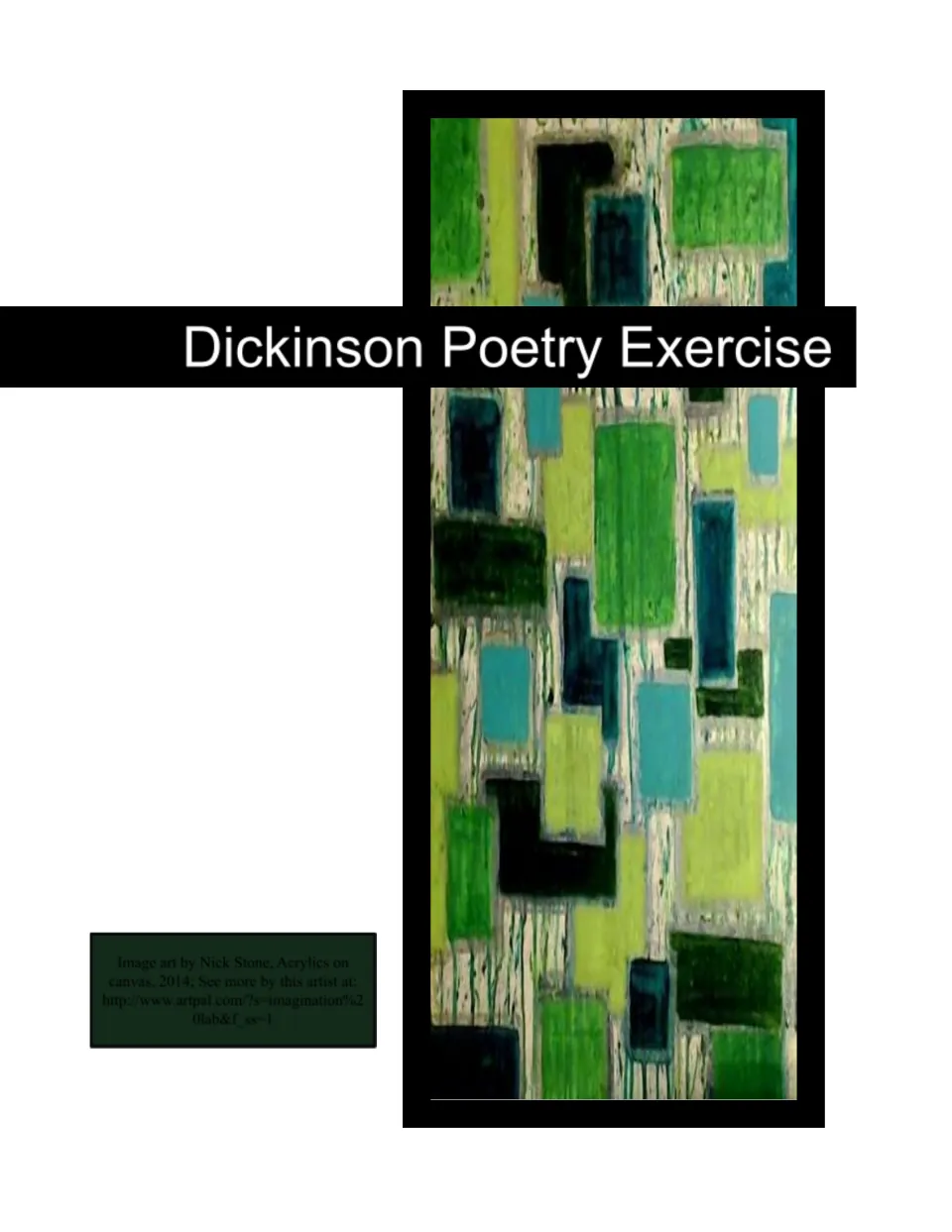 Dickinson Poetry Exercise cover showing the title over an abstract painting of green, teal and blue rectangles