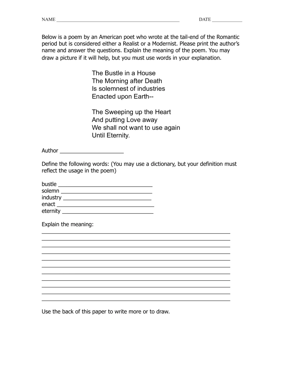 The Bustle in a House poem: students name the poet, define five words in context and explain its meaning